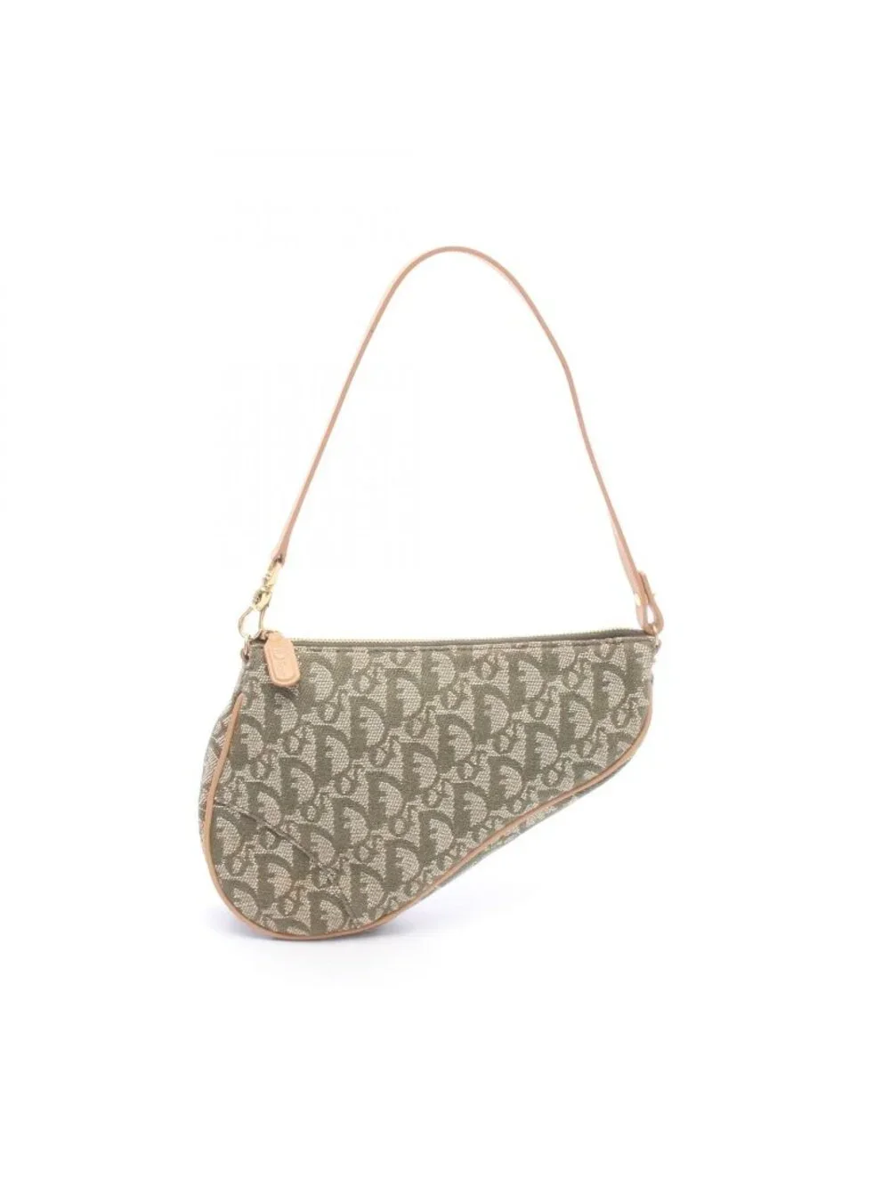 Dior Handbag Trotter Saddle Pouch Green Beige Ivory Canvas Leather